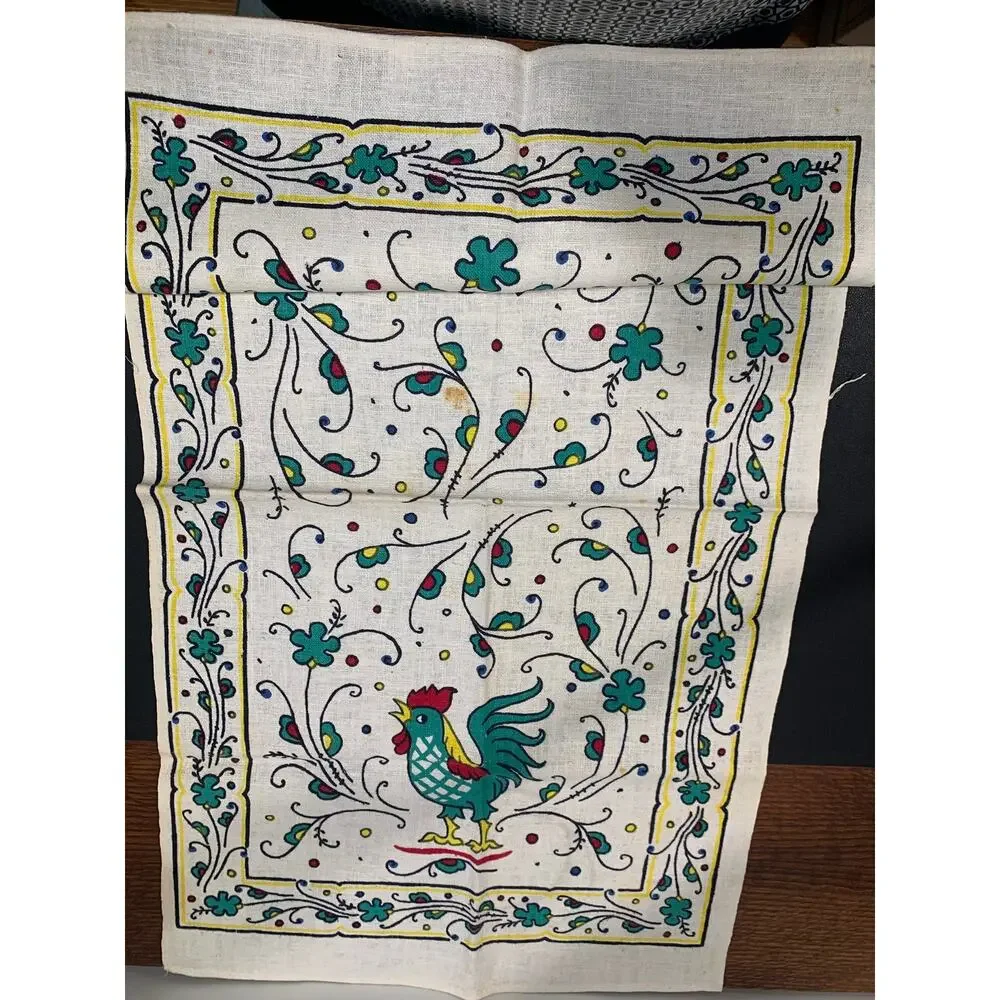 Vintage 50s 60s Kitchen Tea Towel with Roosters & Flowers Designs NEW Unused